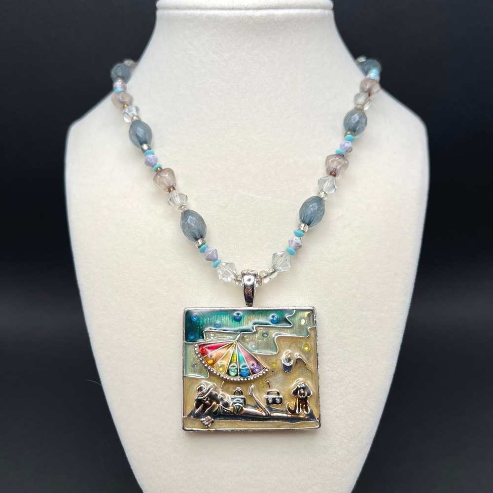 Vintage Sun Girl Beachy Enamel Pendant Necklace Beaded Multicolor Summer Kitsch